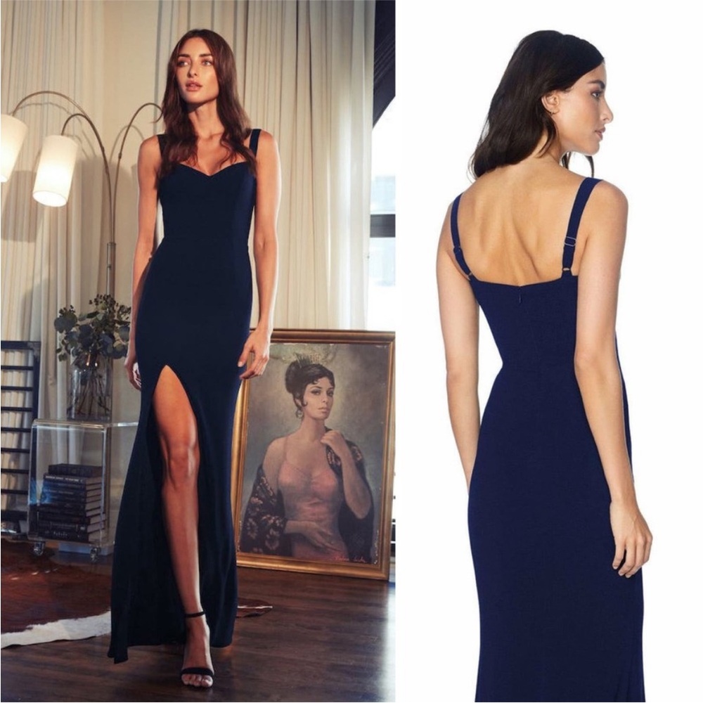 Dress The Population Estella Sweetheart Neck Slit Gown Dress Navy Blue sz XS NWT